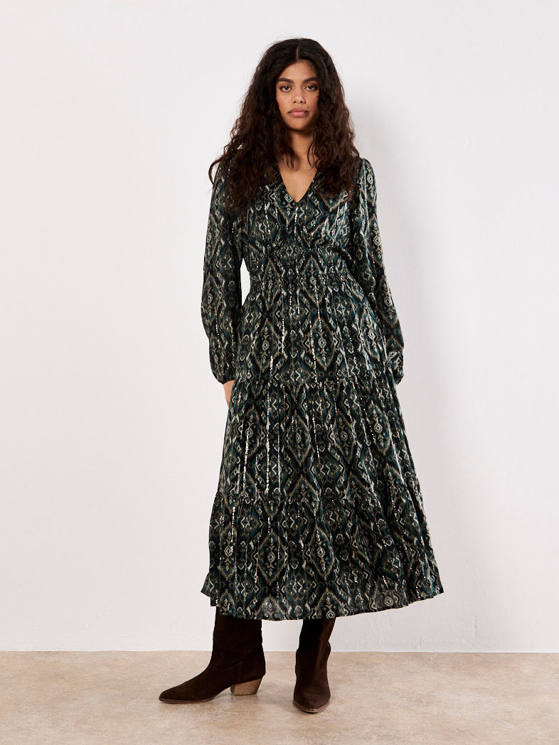 green emerald velvet dress Apricot Empire Smock Waist Tiered Dress